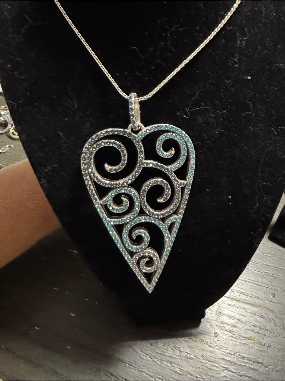 Brighton retired Silver Heart Filigree Pendant Necklace with Light Blue Stones